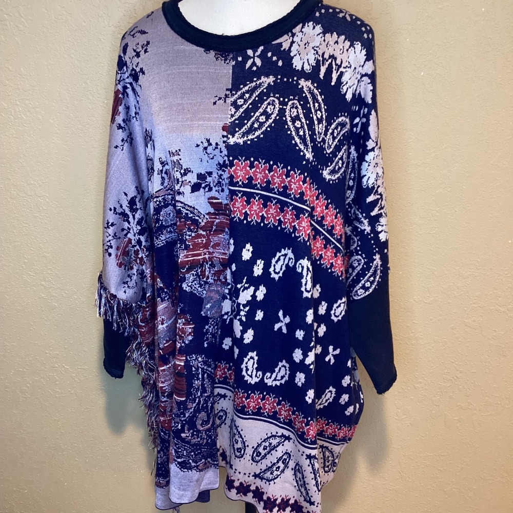 Free People Bandana Print Patchwork Poncho Shirt‎ Oversized, Size XS, Fringe